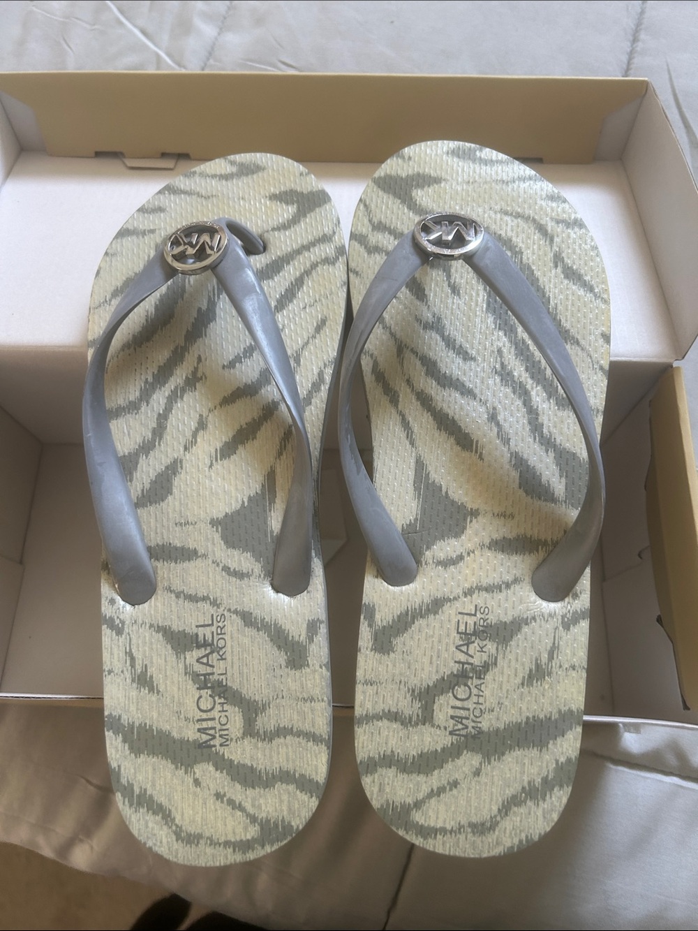 Michael Kors Gray Zebra-Pattern Flip Flop Sandals